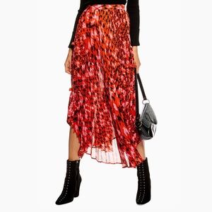 Topshop Red Purple and Black Houndstooth Ruffle Midi Skirt Sz 12